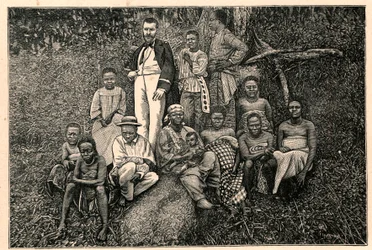 The explorer Pierre Savorgnan de Brazza (1852-1905) and a group of indigenous people from the Apostolic Vicariate of the Two Guineas in Gabon. Engraving in 