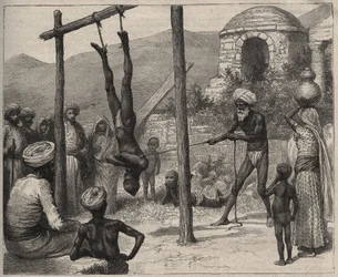 The fakir in India - The fakirs in India - he was hung by the feet on a wooden bar - engraving from 1892 in 