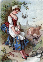 The milk and the milk pot. Fable by Jean de La Fontaine. Chromolithography of the 19th century. Private collection.