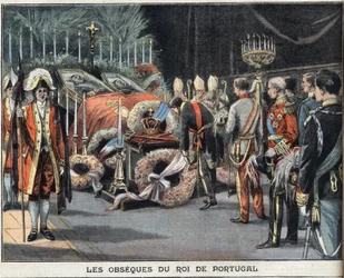 The obsequies of the King of Portugal Charles I (1863-1908) died assassinated on 1 February 1908. Engraving from the newspaper Le Petit Parisien, on 02/23/1908. Private collection.