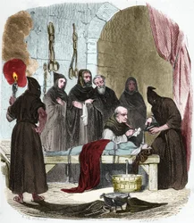 The question of water: Pedro de Arbues interrogates under torture a young woman who allegedly induced her sister to turn to Lutheranism. Tied by strings, water is poured into a cloth that is pushed into the bottom of the throat.