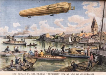 The tests of the Zeppelin airship on Lake Constance in Germany. Engraving from the newspaper Le Petit Parisien, on 2/08/1908. Private collection.
