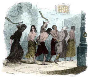 Torture during the Inquisition in Spain in the 16th century: The torment of the whip. Illustration in “Mysteries of the Inquisition and Other Secret Societies of Spain” by Victor de Fereal, Suberwick, Manuel Galo de Cuendias. Published by P. Boizard