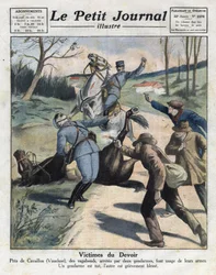 Various facts: murder of two gendarmes by vagrant criminals on the road to Cavaillon in the Vaucluse. Illustration taken from “Le Petit Journal” of 06/03/1921. Private collection.