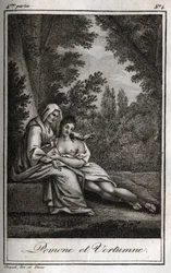 Vertumne and Pomone: Vertumne, in love with the nymph Pomone, disguises herself as an old woman to approach her. Engraving from 1819 in 