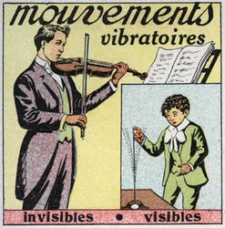 Vibratory movements: invisible movement (sound of violin strings) and visible movement (steel rod with finger). Anonymous illustration from 1925. Private collection.
