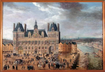 View of Place de Greve and the City Hall in Paris during a public party around 1640