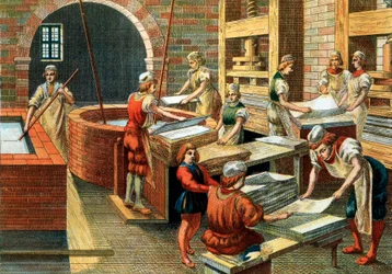 View of a paper manufacturing workshop in Fabriano in the 16th century, Italy. The different steps. Illustration