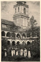 View of the Dominican Convent in Quito, Ecuador. Engraving in 