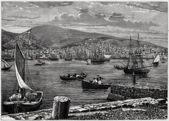 View of the island of Syra in Greece. Engraving in 