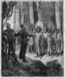 Voyage of Henri Coudreau, professor of geography and explorer in the Indian territory of Guiana - he received from Roucouyan chiefs - engraving in 
