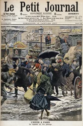 Winter in Paris: the pegs are wading in the melted snow and the diligences of passers-by. Engraving on the front page of the Petity Journal