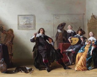 An Interior with Five Elegant Figures Around a Table, One Playing a Lute