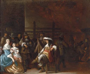 A guardroom interior with a cavalier conversing with a mother and child