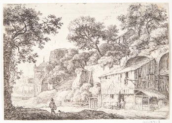 Country Road with a Cloaked Man and His Dog