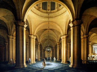 Nocturnal Church Interior with Elegant Figures