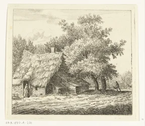Farmhouse with Woman at the Door and a Man with Wheelbarrow on a Path