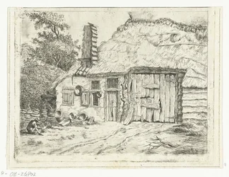 Man Sitting and Working on a Scythe in Front of a House