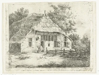 Woman Bent Over by a Basket in Front of a House in Staphorst