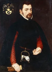 Portrait of a Gentleman aged 28, three-quarter length, in a black doublet with red sleeves and a black cape, with a purse and a handkerchief embroidered with the initials K