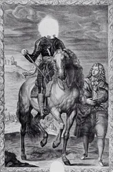 Defaced equestrian portrait of Charles I, engraved by Pierre Lombart
