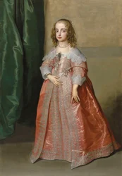 Portrait of Princess Mary (1631–1660), daughter of King Charles I of England, full-length, in a pink dress decorated with silver embroidery and ribbons