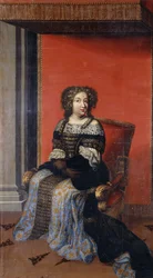 Portrait of Queen Maria Theresa, seated full length, in a jewel-encrusted black bodice with lace collar and a blue and gold skirt, on a throne