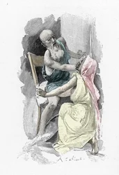 Odyssey by Homer: Odysseus, disguised as a beggar, swears Eurycleia who has recognized him, to secrecy. Illustration by Antoine Calbet