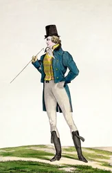 A Dandy in a Robinson Hat, with Childlike Curls, Knitted Trousers, and Riding Boots, Plate 5 in the Incroyable et Merveilleuse Series of Fashion Plates, Engraved by Georges Jacques Gatine