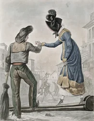 A Woman Paying a Street Sweeper to Cross a Gangplank Over a Dirty Street