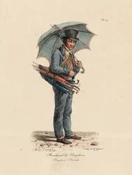 The Umbrella and Parasol Seller, number 23 from The Cries of Paris series, engraved by Francois Seraphin Delpech