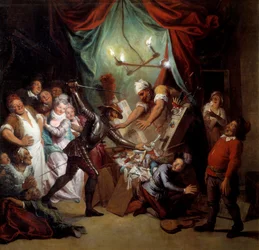 Don Quixote demolishes the puppets he thinks are Moors. “The Ingenious Gentleman Don Quixote of La Mancha” by Miguel de Cervantes Saavedra (1547-1616).
