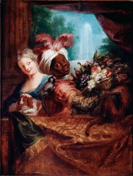 Young girl stroking a dog, and a Black servant presenting a basket of fruit. A little monkey is lying on her shoulder. 28 x 21.5 cm, Paris, Musée du Louvre