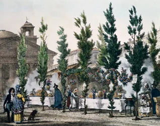 Food fryers at Pantheon during feast of St Joseph, engraving from Un an a Rome et dans ses environs (One year in Rome and in its surroundings), France