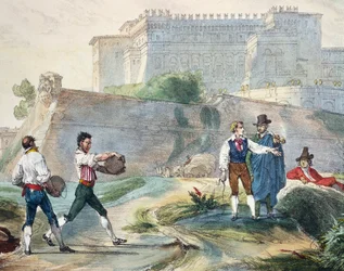 Playing ruzzica, colour lithograph from One year in Rome and its surroundings
