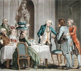 The Comte de Vaux (1705-88) Offers Food and Drink to a Farmer, engraved by Jean Baptiste Morret