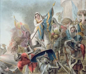 Jeanne Laisne Raises a Standard Against the Men of Bourgogne, Engraved by Morret