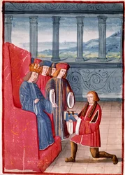 The Author Presenting His Book to the King of France Charles VIII (1470-1498). Miniature from 