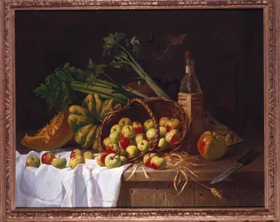 Still Life with a Bottle of Wine, Rhubarb and an Upturned Basket of Apples on a Table