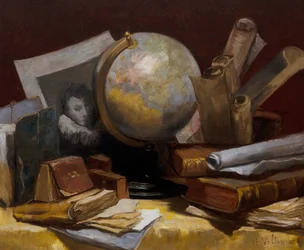 Still life with a map of the world, books and parchments