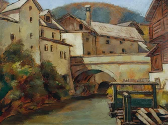 View of a City with River and Bridge