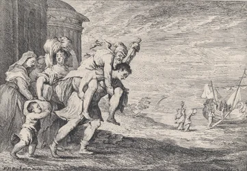 Aeneas Fleeing Troy, with a Group of Six Figures Leaving the City at Left, Aeneas Carrying