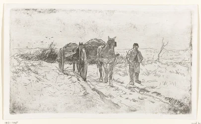 Farmer Next to Two Horse-Drawn Carts