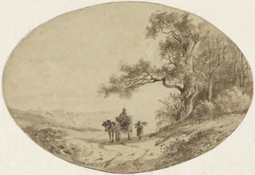 Wood gatherer by horse and cart on the road
