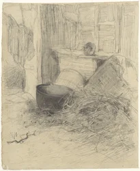 Interior of a Barn with Straw and Various Objects