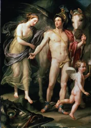 Andromeda and Perseus holding his Pegasus mount