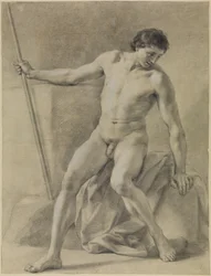 Seated Male Nude, Almost Frontal, Staff in Right Hand, Looking Down