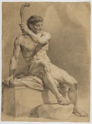 Seated Male Nude, Turned Diagonally to the Right, Holding a Small Club Aloft in His Left Hand