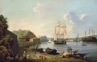 Ship under Sail in the Harbour at Port Mahon, Minorca