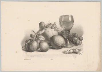 Still Life with Glass, Plums, Lemon, Grapes, and Hazelnuts (Flower and Fruit Studies, 10th installment)